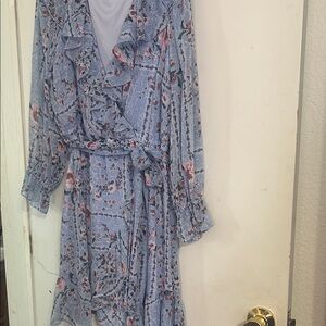 NWT LC Lauren Conrad Light Blue Floral Dress with ruffles down the front.